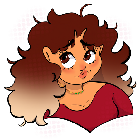 Stylized cartoon version of the artist. She has tan brown skin, large brown eyes, and brown hair that fades to blonde. She is wearing a red shirt.